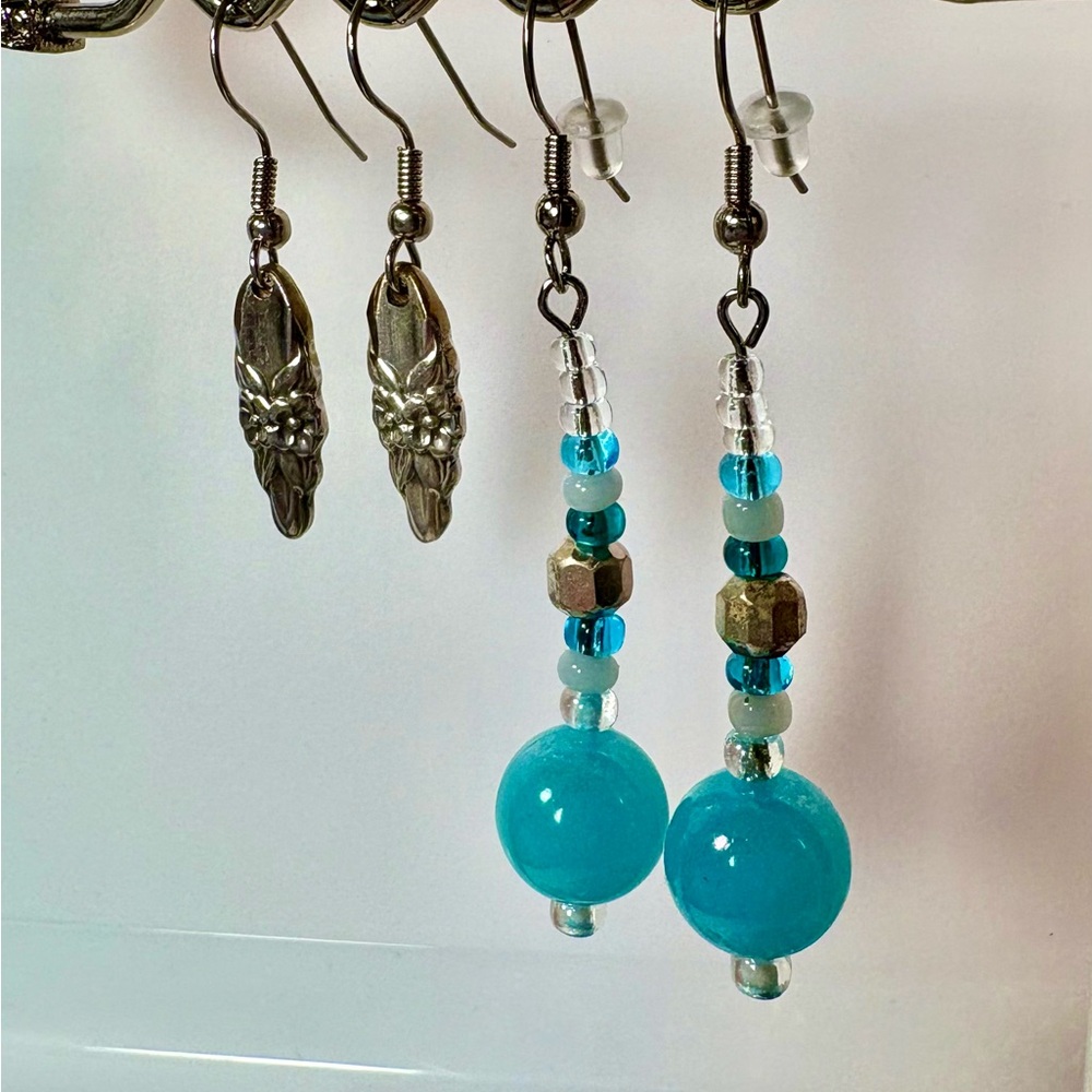 Earrings Pierced BUNDLE Handcrafted Unique Aqua+Accents & Sterling Silver Floral